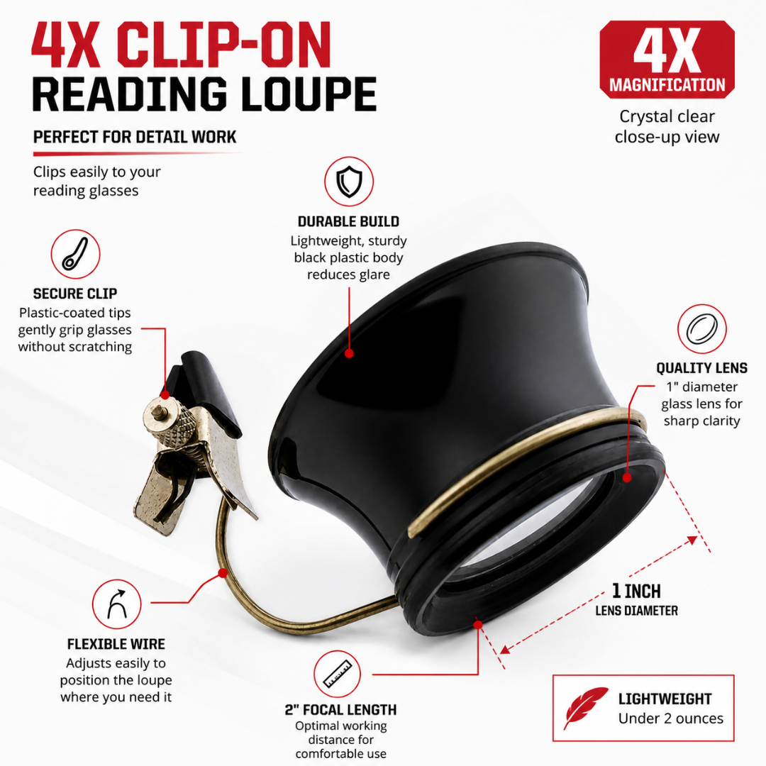 4X Clip-On Magnifying Loupe for Glasses – 1" Glass Lens, 2" Focal Length – Lightweight Black Anti-Glare Body – Flexible Wire Arm & Secure Clip for Detail Work, Jewelry, Watch Repair