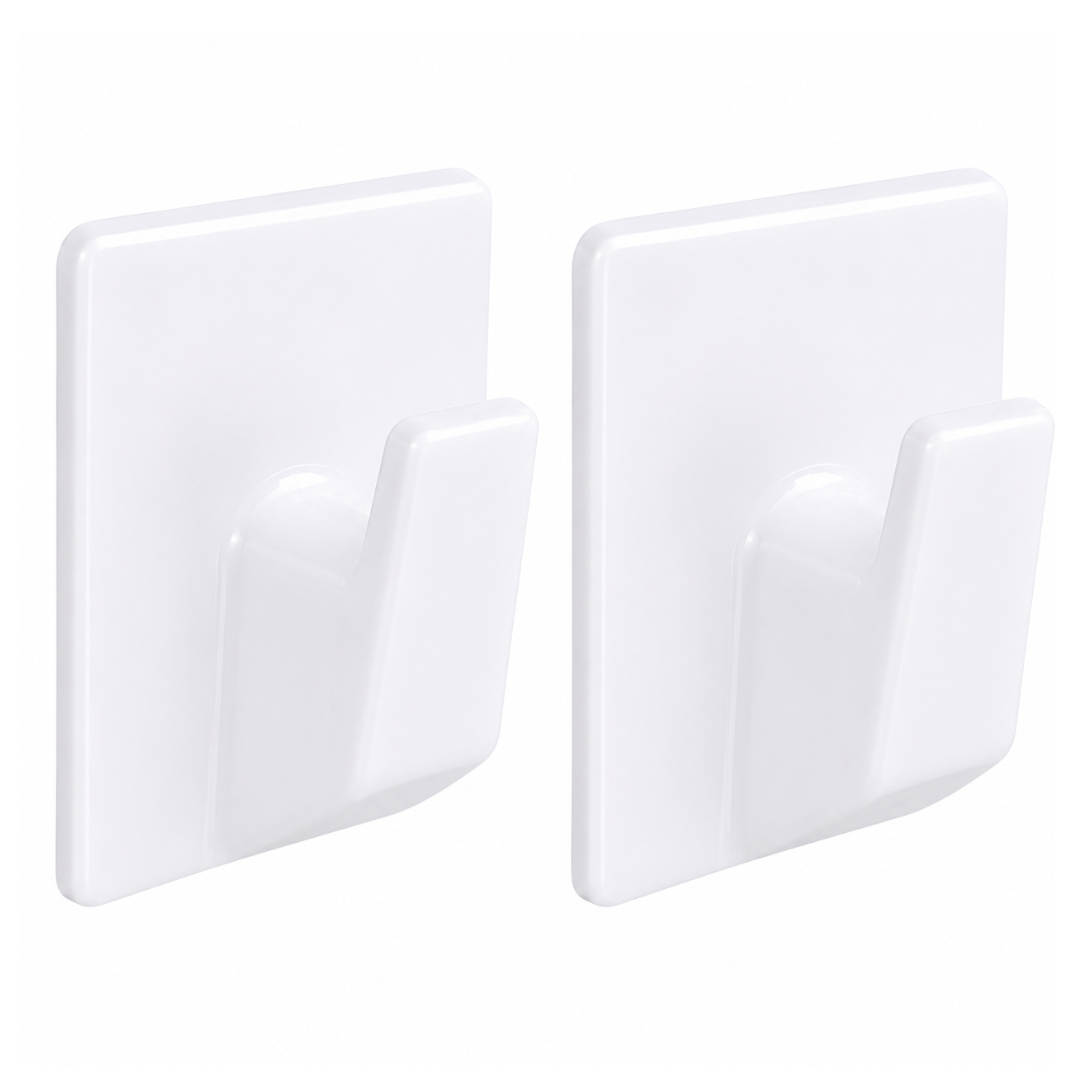 2 Pack Large White Adhesive Hooks (2 Pcs in 1 Pack), Peel and Stick Plastic Wall Hooks for Kitchen, Bathroom, Laundry Room, Cleaning Tools, Towels, Décor and Lightweight Hanging, Holds up to 1 lb