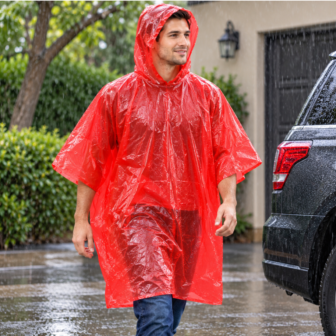 Adult Waterproof Rain Poncho with Hood – Durable Red Vinyl, Lightweight, Compact & Portable, One Size Fits Most, Emergency Rain Gear for Travel, Camping, Hiking & Outdoor Events