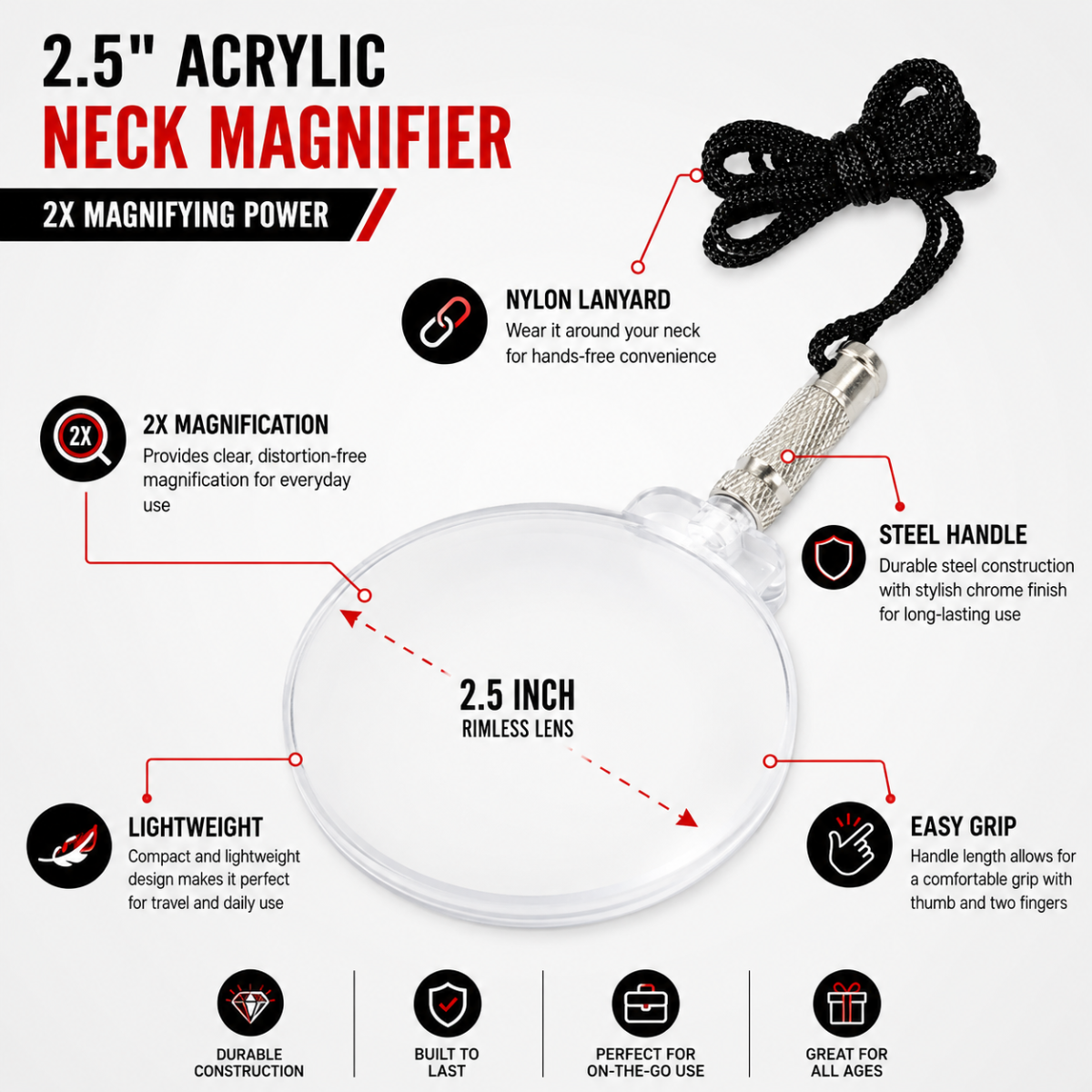Rimless, 2.5" Acrylic Neck Worn 2X Magnifier With Metal Handle And Nylon Lanyard Attached  - MG-90112