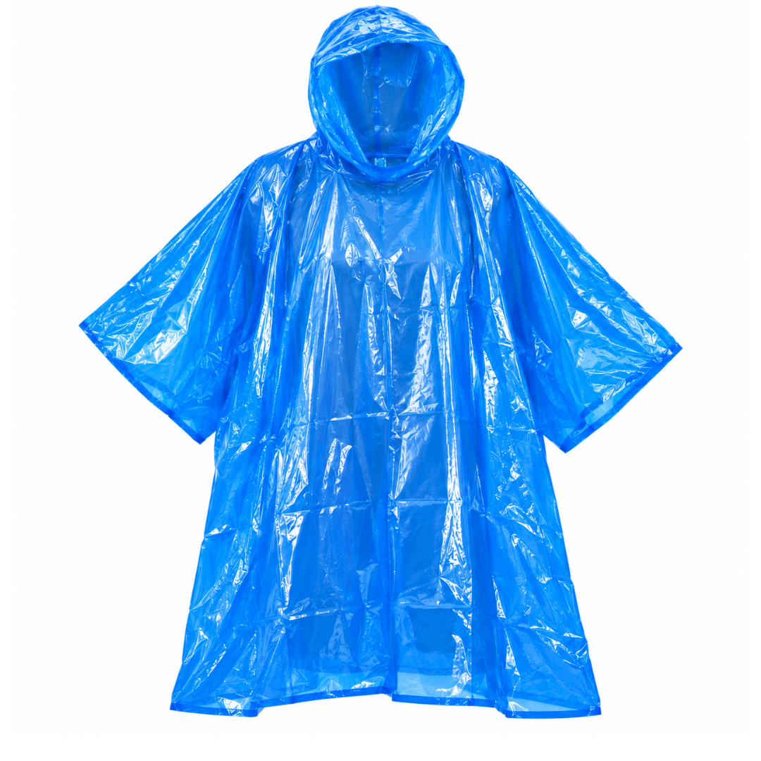 Adult Waterproof Rain Poncho with Hood – Blue Vinyl, Lightweight, Foldable & Compact, One Size Fits Most, Emergency Rain Gear for Camping, Travel, Festivals & Outdoor Activities