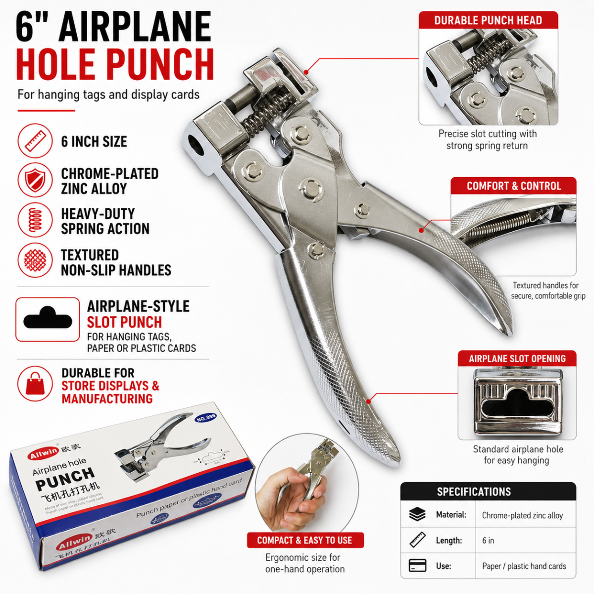 6 Inch Airplane Hole Punch Tool for Hanging Tags, Cards and Retail Packaging – Heavy-Duty Chrome-Plated Zinc Alloy Hand Punch – TP4406-DH
