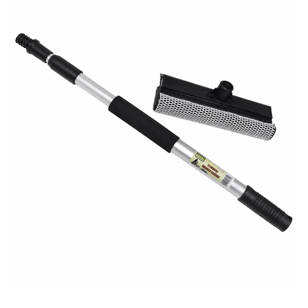 Long-Handled Window Squeegee, 20–35 Inch Telescoping Aluminum Pole, 8 Inch Dual-Sided Sponge Washer and Rubber Blade for Glass Doors, Windows, Vans and RVs