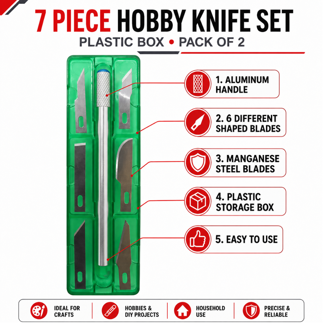 7 Piece Hobby Knife Set with Plastic Storage Box, Aluminum Handle & 6 Assorted Blades – Pack of 2
