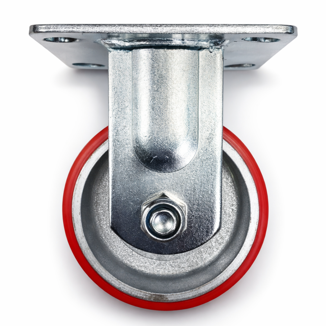 4 Inch x 2 Inch Heavy Duty Rigid Casters (4 Pack) – Red Polyurethane Wheels – Plate Mount Fixed Caster Wheels – Industrial Replacement for Carts, Dollies & Workbenches