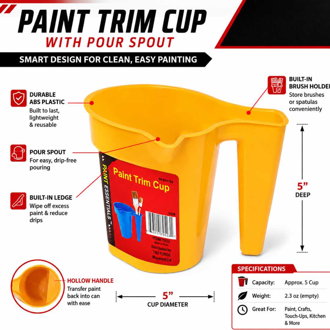 Paint Trim Cup with Pour Spout & Brush Holder – 5 Inch Lightweight ABS Plastic Paint Cup for Touch-Ups, Trim, Crafts & Small Painting Projects – LHEN-PAT