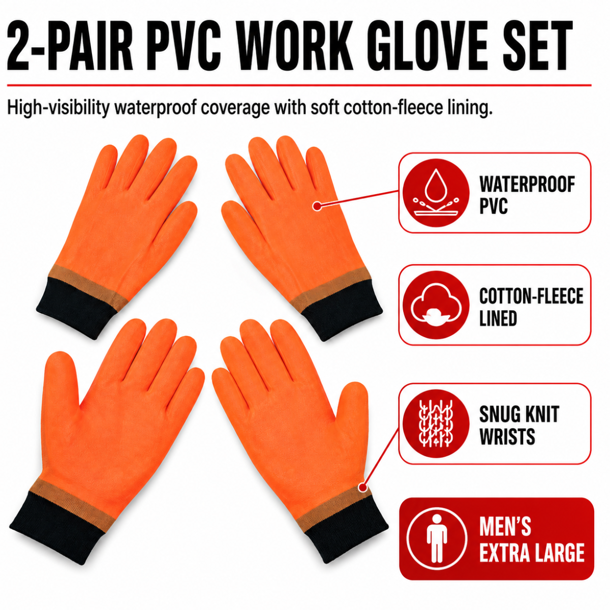 PVC Waterproof Work Gloves with Knit Wrists, Cotton Fleece Lined – Extra Large (Pack of 2 Pairs) – GL-09110-Z02