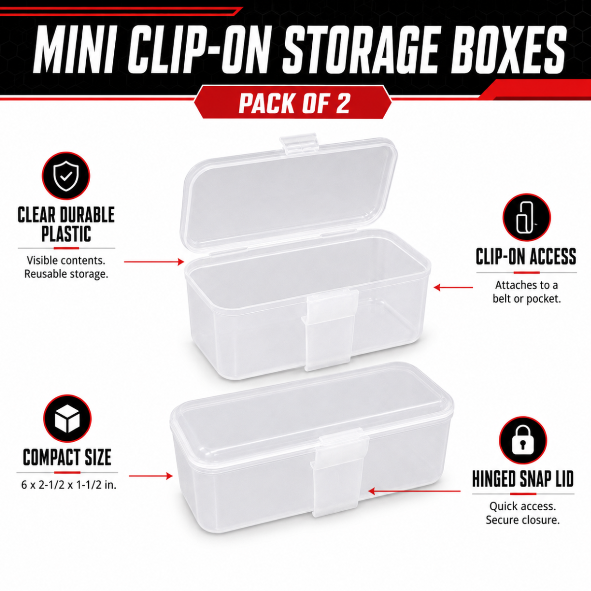 Mini Clip-On Storage Boxes, Clear Plastic Belt and Pocket Organizers with Secure Hinged Lids, 6 x 2.5 x 1.5 Inches, Pack of 2