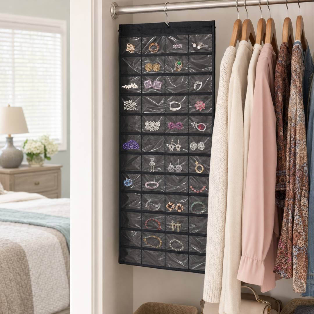 80-Pocket Double-Sided Hanging Jewelry Organizer with Clear Vinyl Pockets, Black Closet Storage for Earrings, Rings, Necklaces and Accessories, 37 x 17.5 Inches