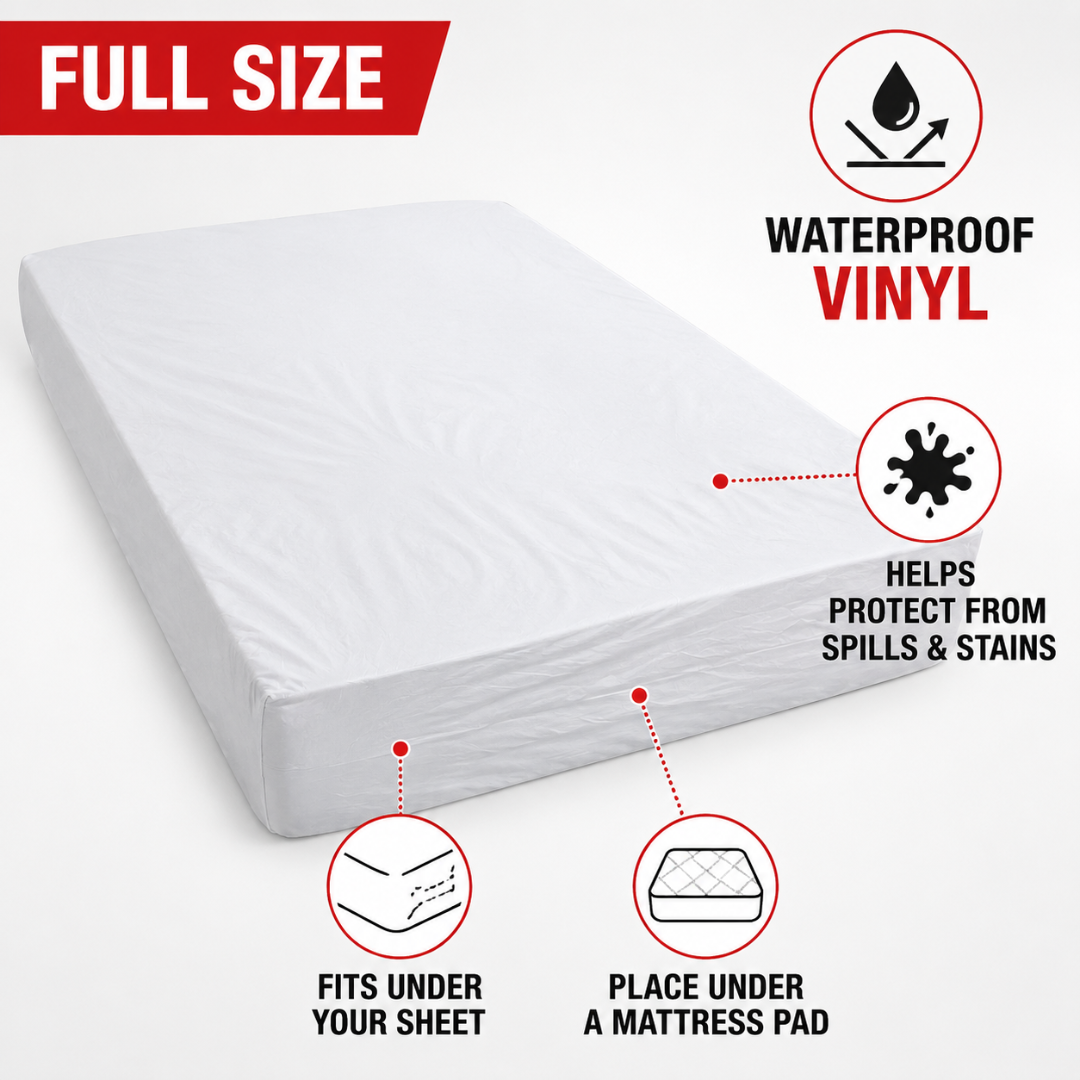 Full Size Waterproof Vinyl Mattress Cover – Protective Bed Cover for Spills, Stains, Potty Training, Children’s Beds and Guest Mattresses