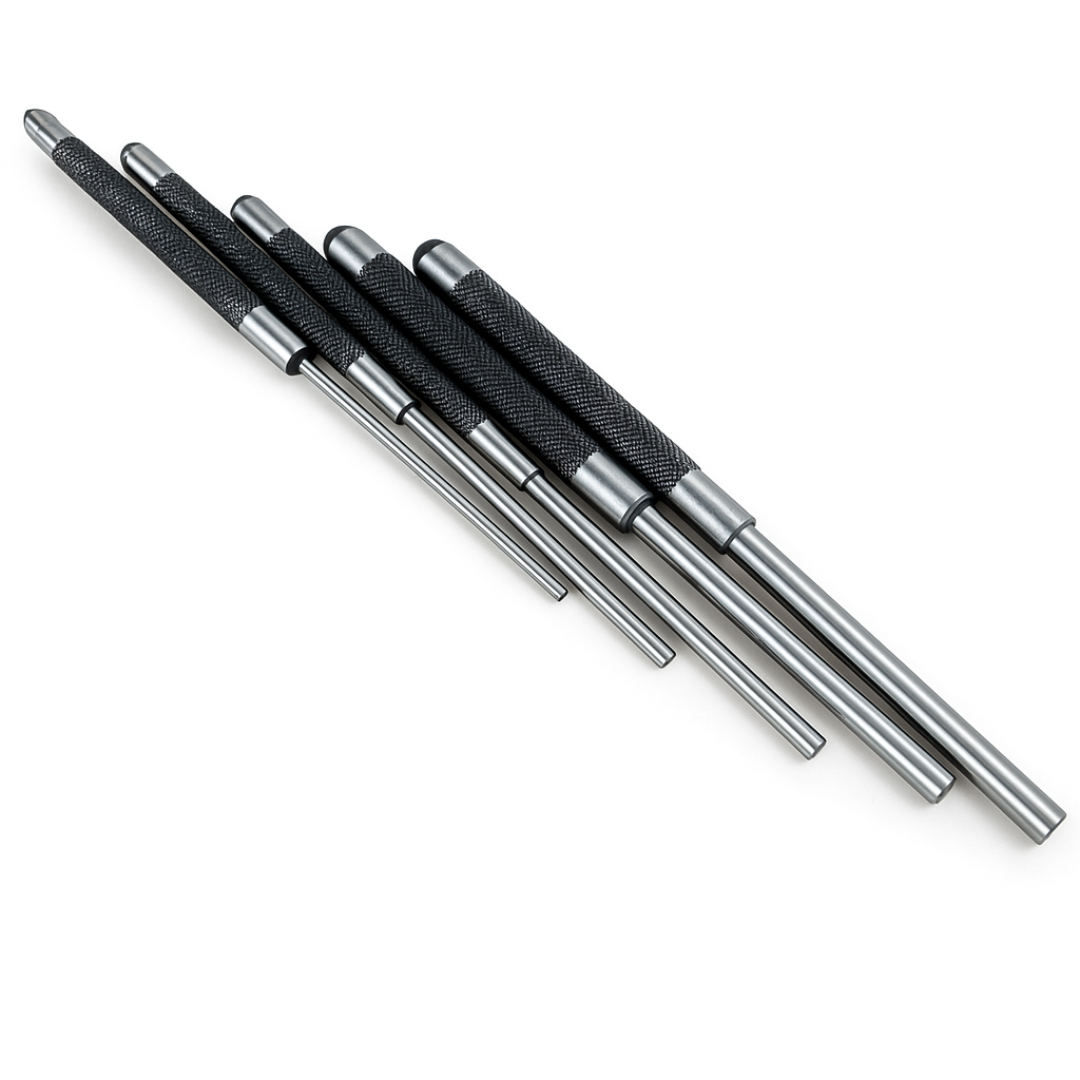 5-Piece Long Drive Pin Punch Set – 8" Carbon Steel Punches (1/8" to 3/8") with Knurled Grip & Black Oxide Finish