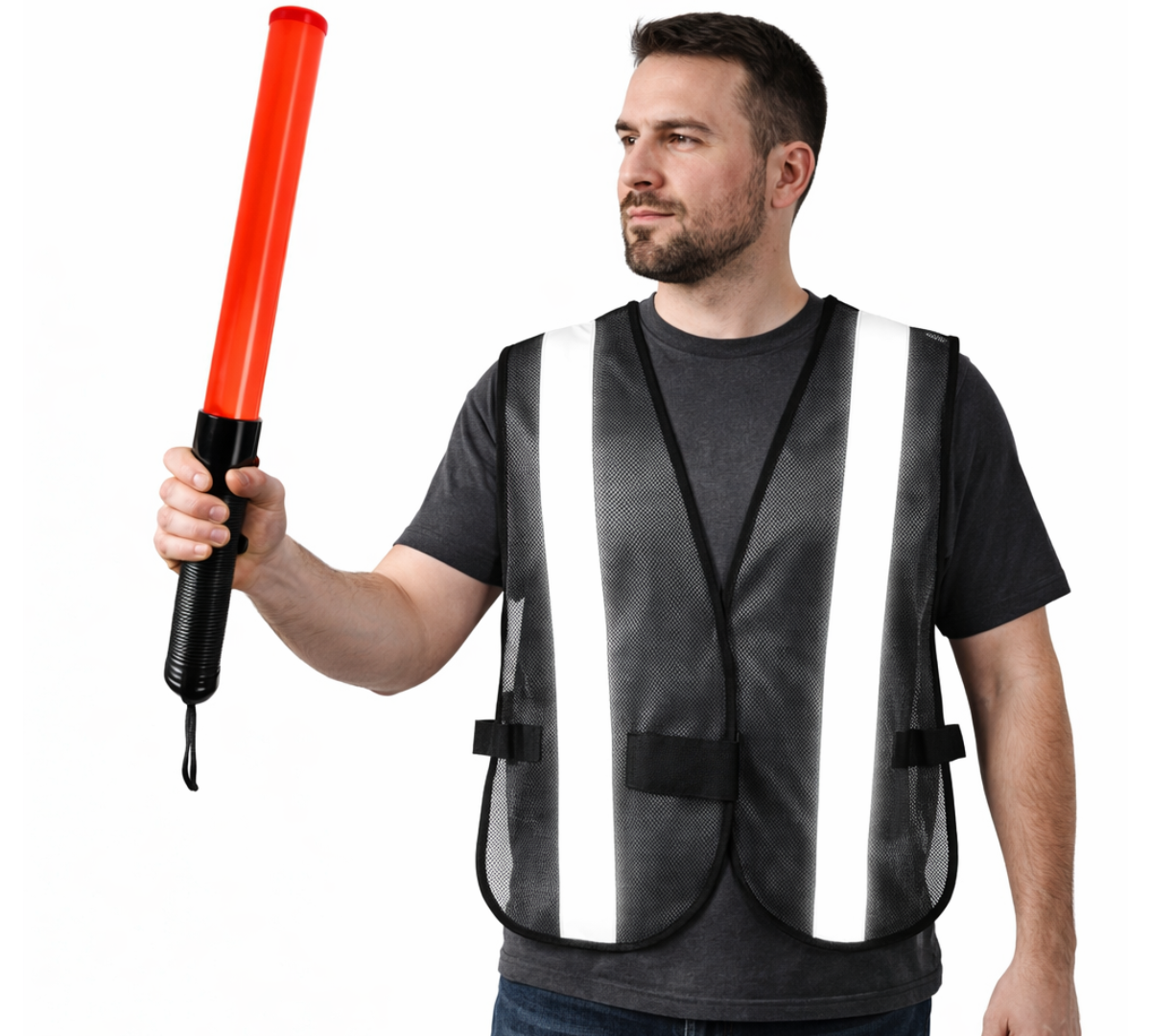 Safety Vest + LED Traffic Control Baton Bundle – Mesh Reflective Vest & 21″ LED Safety Wand