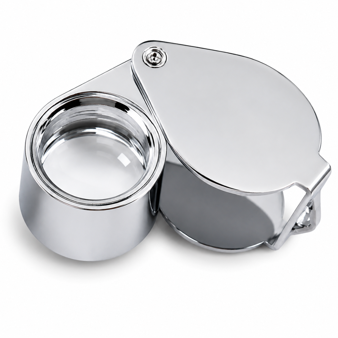 Chrome Jeweler’s Loupe 10X Magnifier with 18mm Glass Lens, Folding Pocket Jewelry Loupe with Swivel Protective Case and Black Storage Pouch for Gems, Coins, Stamps, Watches – MG1510-918