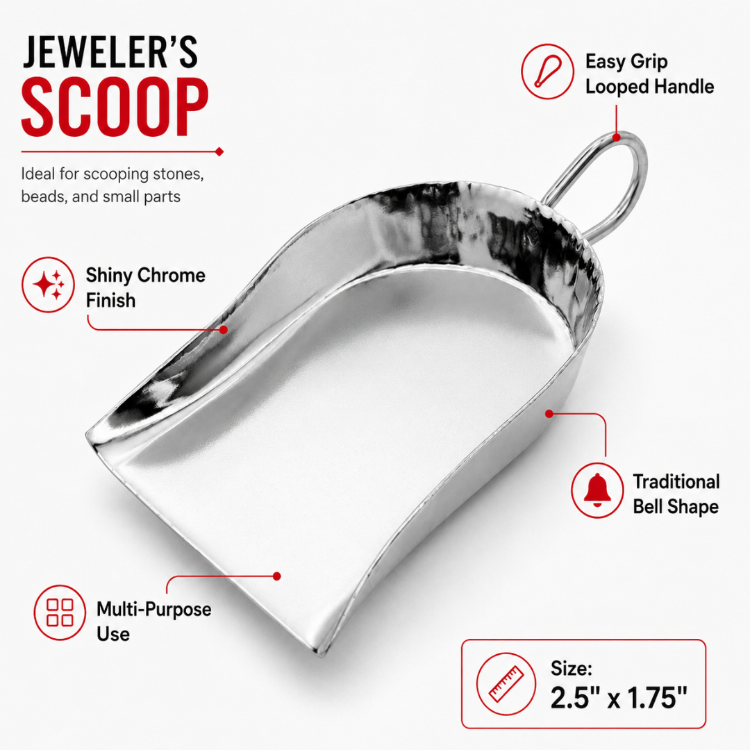 Jeweler’s Chrome Finished Stone Scoop Shovel, 2.5" x 1.75", Bell Shape with Loop Handle for Beads, Gems, Findings & Small Parts, Pack of 2