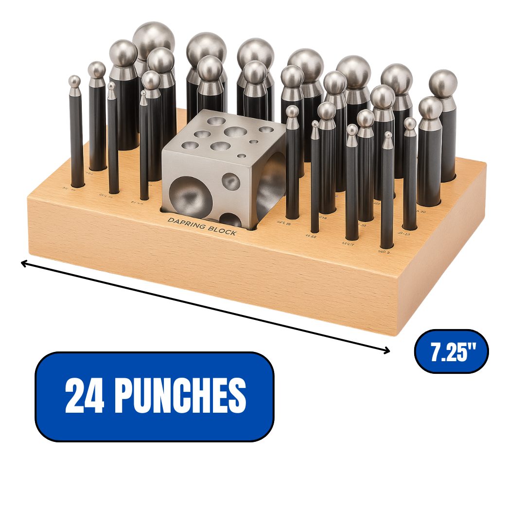 Doming & Punch Set with 24 Steel Punches (2.3–25mm), 2" Doming Block & Wooden Organizer Tray – Metal Forming & Jewelry Making Tool Kit – Professional Quality – TJ01-29881