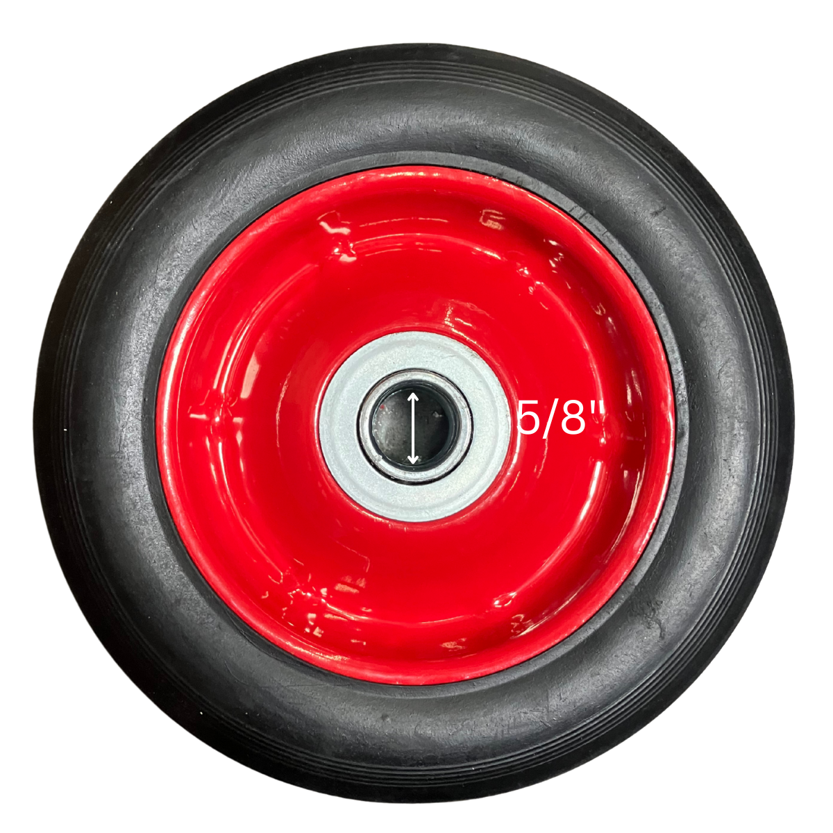 6" Solid Rubber Tire with 5/8" Bearing – Heavy Duty Wheel for Hand Trucks, Dollies, Lawn Carts, and Equipment – 6" Diameter x 1.5" Width – Red Steel Hub – Flat-Free Design