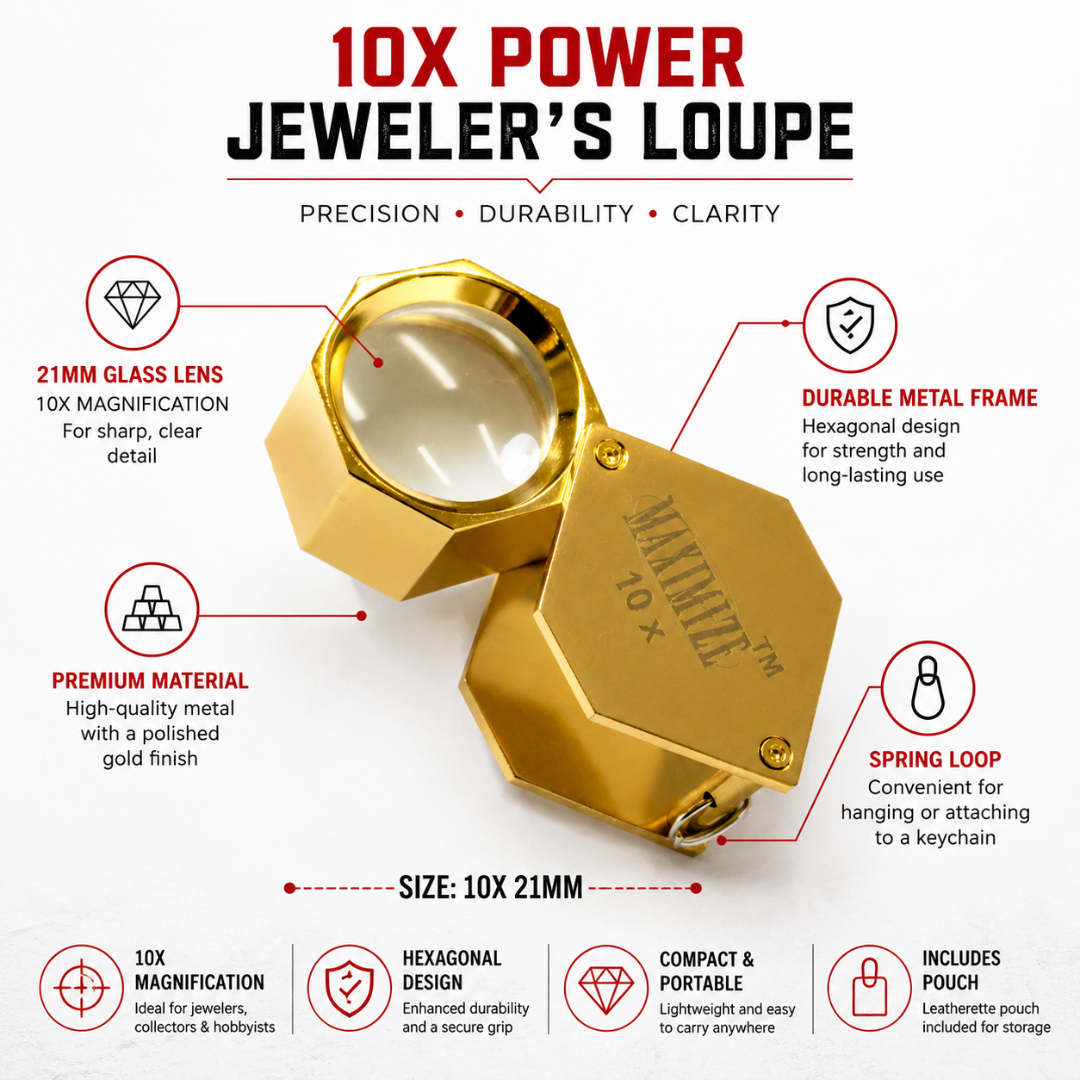 10X Gold Mini Jeweler’s Loupe Magnifier, Hexagonal Folding Frame, 18mm Glass Lens, Pocket Inspection Magnifying Tool with Spring Loop and Leatherette Pouch