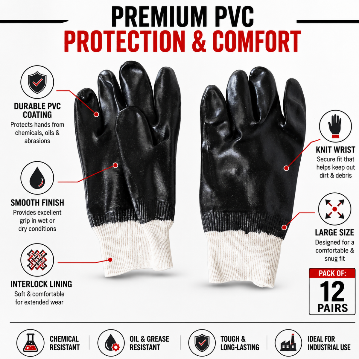 Men's Black PVC Coated Work Gloves with Knit Wrist, Interlock Lined, Single Dipped - Large (Pack of 12 Pairs) - GL-09000-Z12