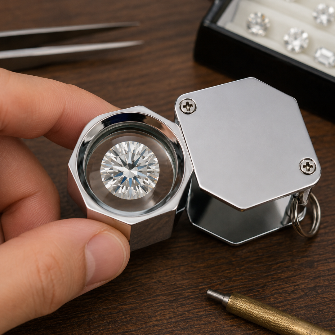 10X Hexagonal Mini Jeweler’s Loupe Magnifier, Silver Metal Pocket Magnifying Glass with 18mm Lens, Keychain Loop & Leather Pouch for Jewelry, Coins, Stamps, Watches & Appraisals