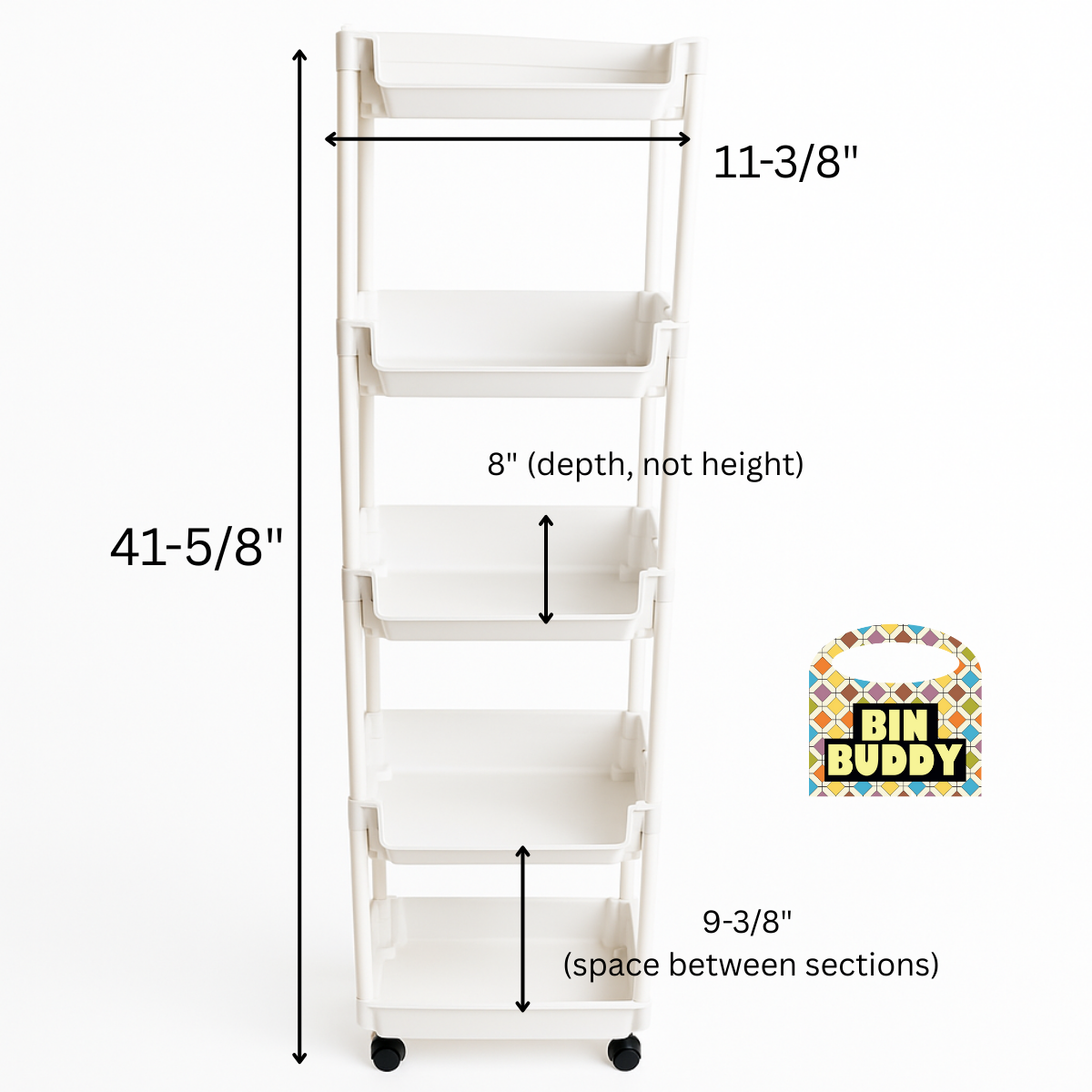 Bin Buddy 5-Tier Rolling Storage Organizer – Lightweight Plastic Utility Cart with Hooks, Mobile Wheels, and Kid Friendly Bins for Small Item Storage