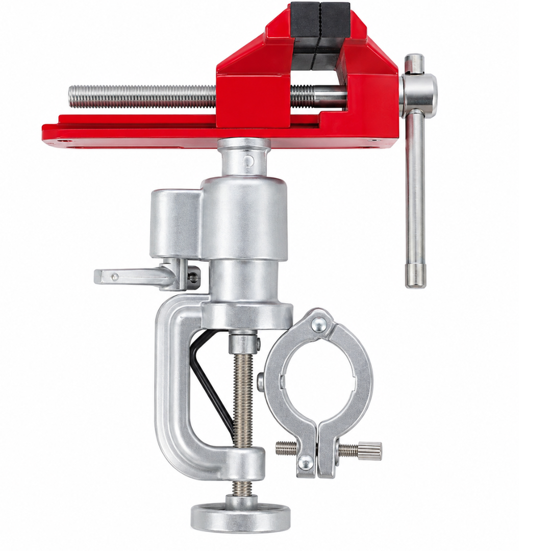 Multi-Angle Drill & Vise Clamp – 360° Rotating Swivel Bench Vise with Drill Holder, 4" Jaw Opening, Heavy-Duty Cast Aluminum Table Clamp for Drilling, Grinding, Polishing & Workshop Use