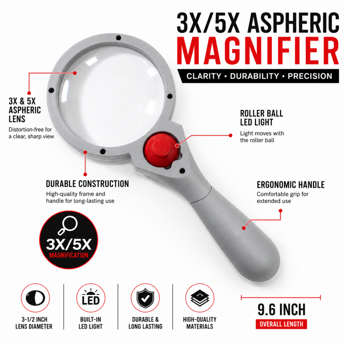 3X/5X LED Handheld Magnifier, 3.5-Inch Acrylic Lens with Adjustable Roller Ball Light, Gray Ergonomic Handle