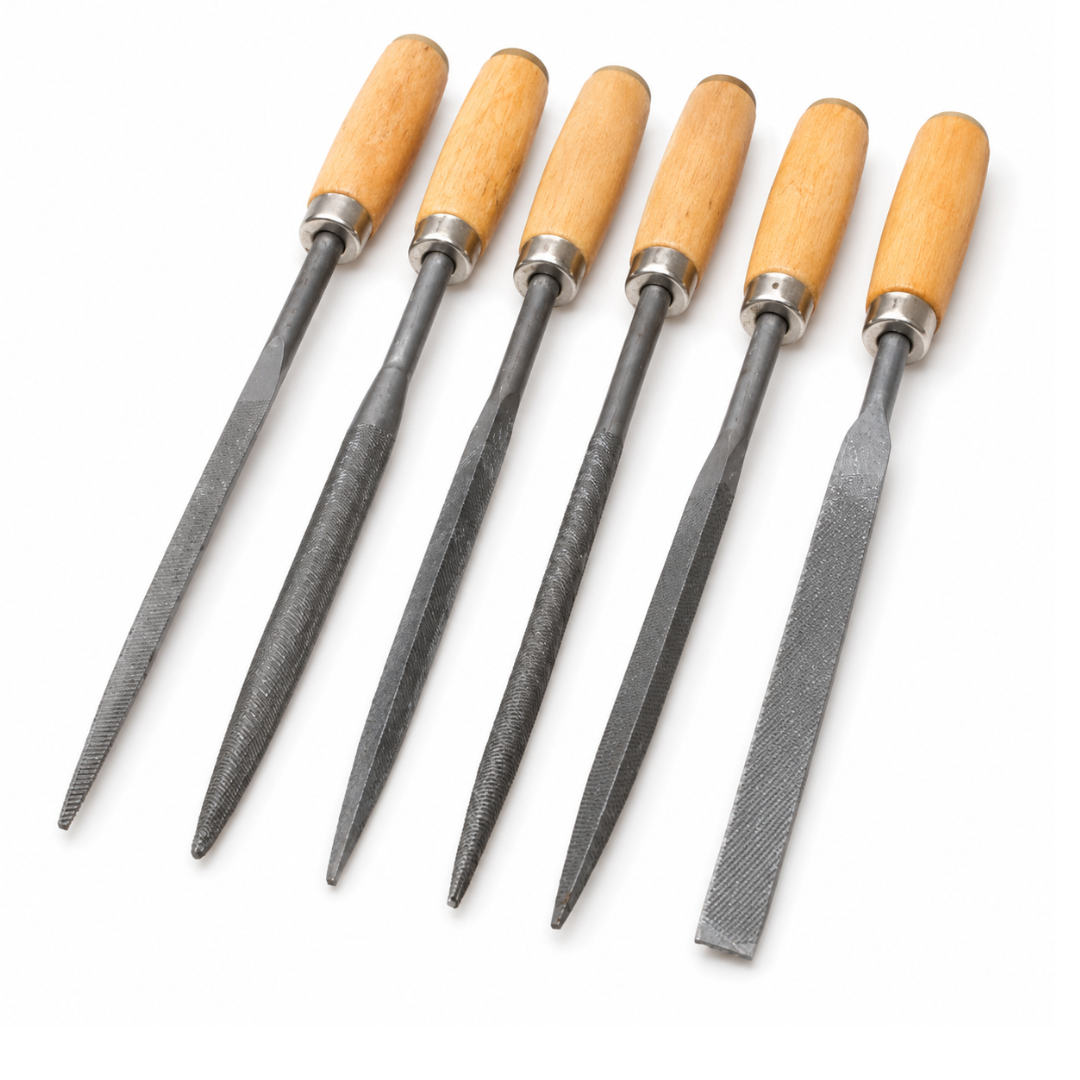 6 Piece Needle File Set, 160mm x 5mm High Carbon Steel Mini Files with Smooth Wooden Handles, Assorted Shapes for Woodworking, Jewelry, Crafts, Hobby, Deburring and Detail Filing