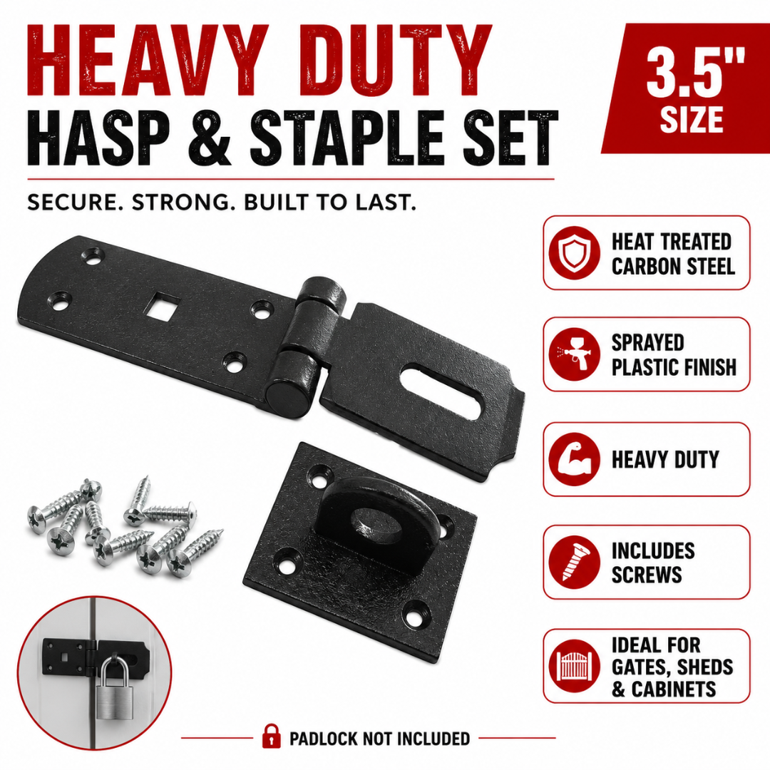 WEDGE 3.5 Inch Heavy Duty Hasp and Staple with Screws – Carbon Steel Padlock Hasp Latch for Gates, Sheds, Cabinets, Doors and Storage, TH-14860