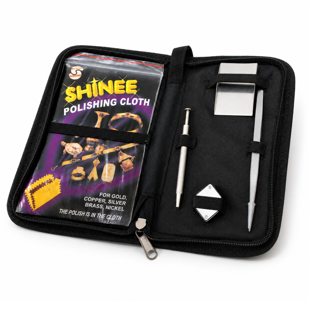 5-Piece Jeweler’s Gemstone Inspection Tool Kit with 10X Loupe, Tweezers, 4-Prong Pickup Tool, Gem Shovel, Polishing Cloth and Zippered Case – TJ100-5