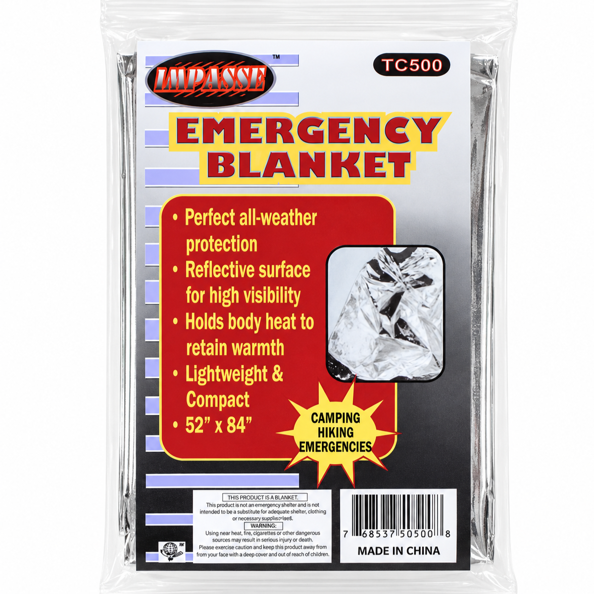 Reflective Emergency Thermal Blanket, 52 x 84 Inch, Compact 3 x 4 Inch Folded Size (Pack of 2) - CAM-50500-Z02