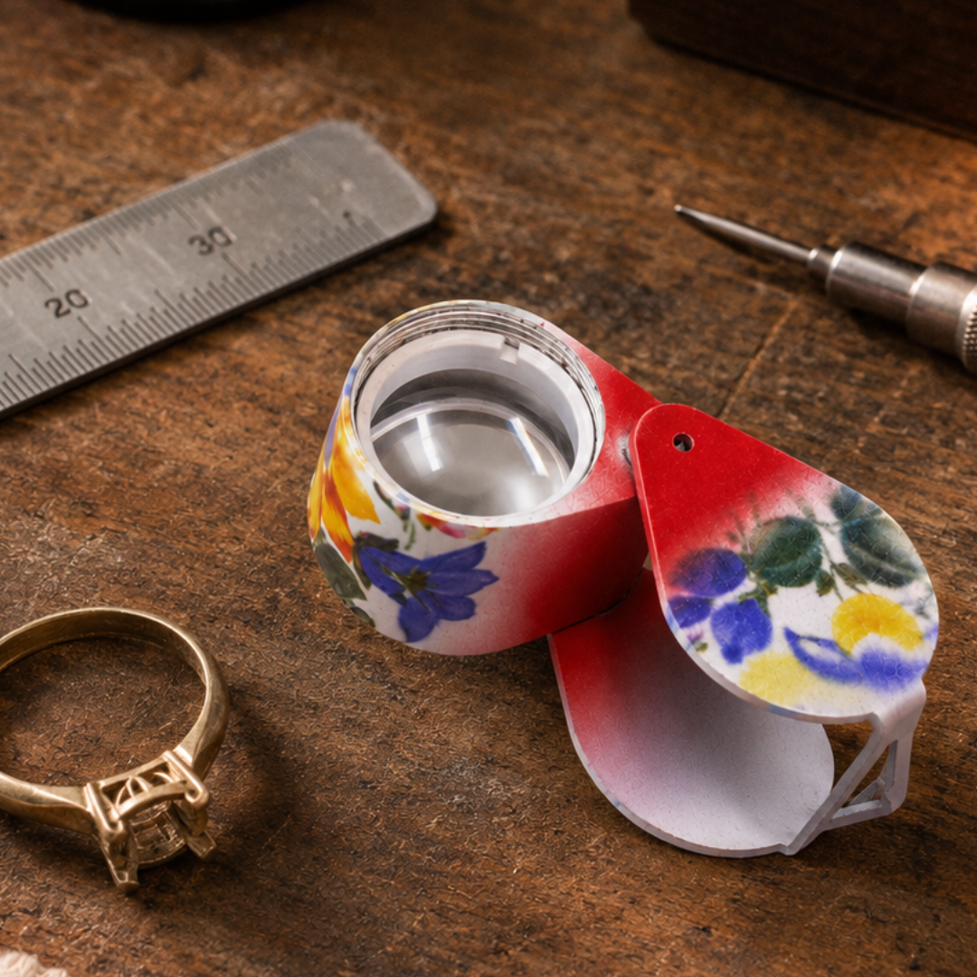 Floral Design Jeweler’s Loupe 10X Magnifier, 18mm Lens, Brass Folding Pocket Loupe with Brown Snap Pouch for Jewelry, Coins, Stamps, Watches & Detail Inspection