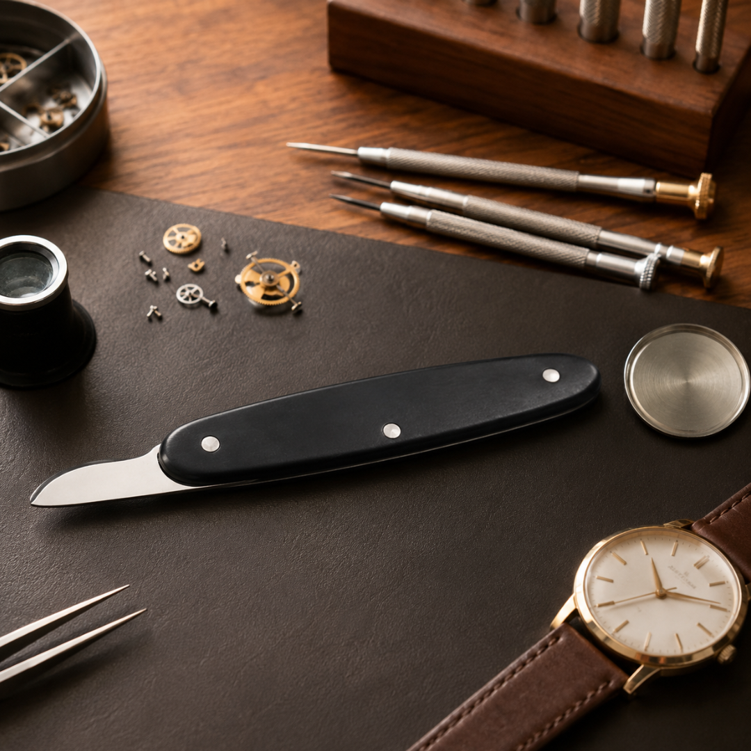 Watch Case Opener Tool with 1 Inch Beveled Edge Blade, 4.5 Inch Watch Back Removal Knife, Smooth Black Fiber Handle, Watch Repair Tool for Battery Replacement and Case Opening
