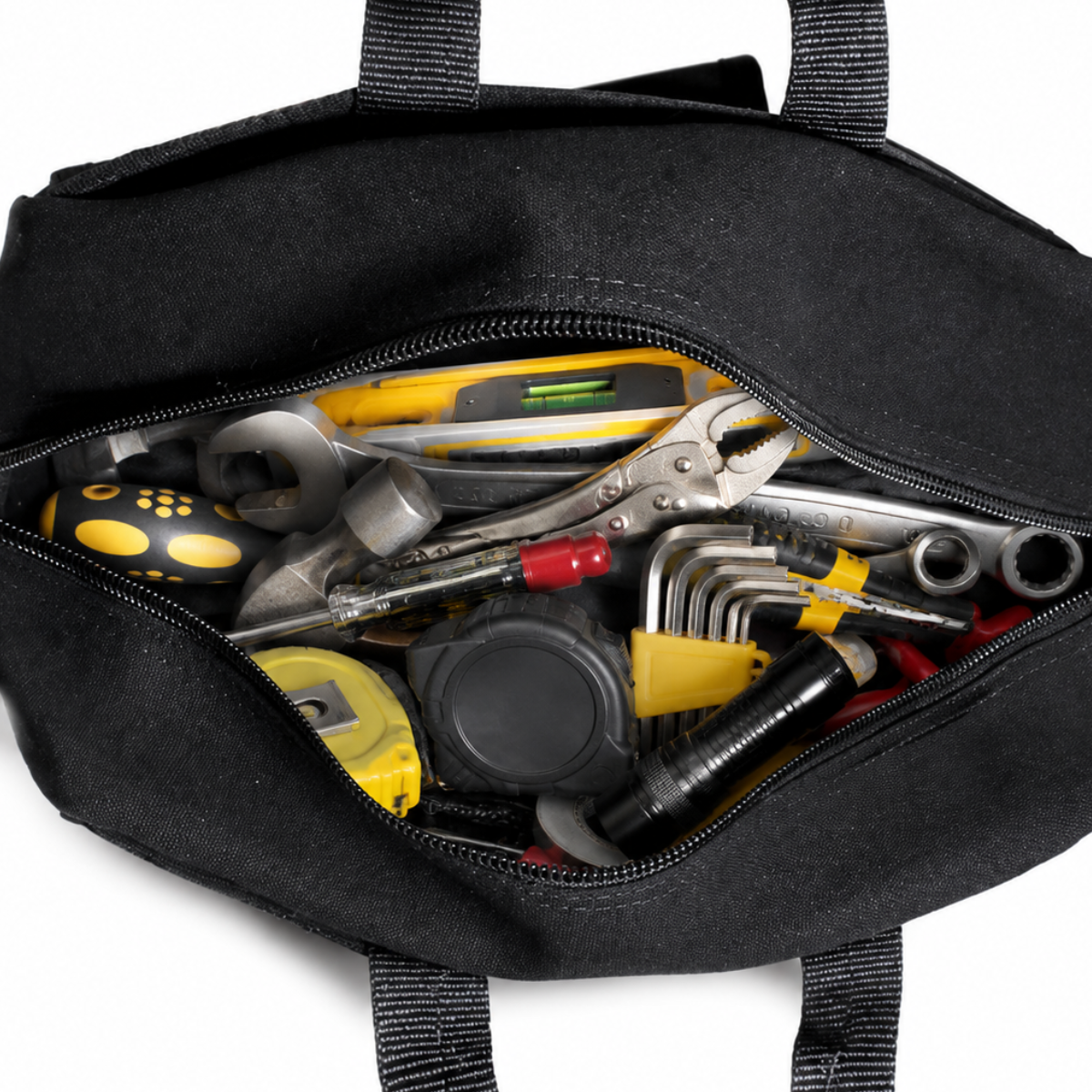 Heavy Duty Canvas Tool Bag with Removable Adjustable Shoulder Strap, 12" Multi-Pocket Utility Carry Bag for Tools, Crafts, Travel, Camera Gear, and Supplies