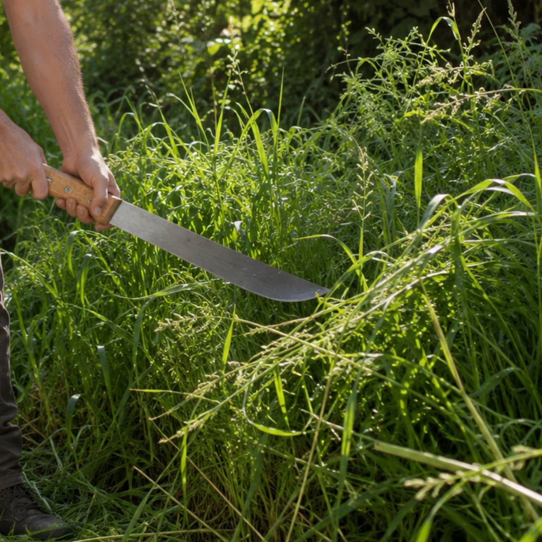 18-Inch Machete with 5-3/8-Inch Wooden Handle, Long Curved Metal Blade with 3-Rivet Construction for Cutting Tall Grass, Weeds, Brush and Garden Overgrowth