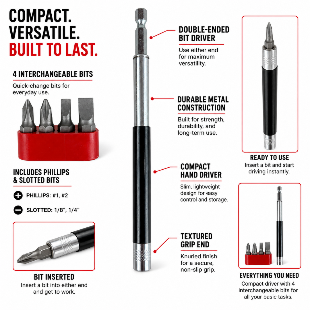 Starter Driver with 4 Bits – Pocket Size Screwdriver, 2 Flat & 2 Phillips Bits, Hand or Ratchet Use – TU-FR-8258