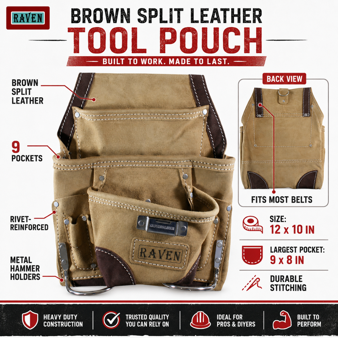 13 x 9.5 Inch Brown Split Leather Tool Pouch with 9 Pockets, Heavy Duty Tool Belt Pouch with 2 Metal Hammer Holders, Riveted Belt Loop, Construction Carpenter Roofer Mechanic Utility Pouch