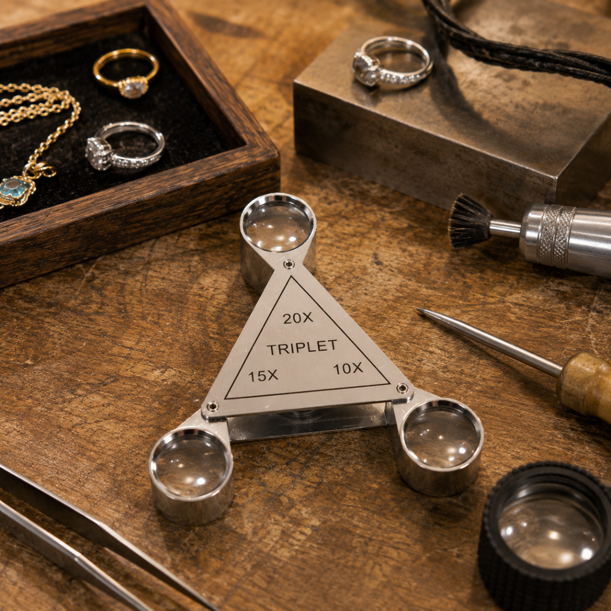 Triangular Frame Chrome Triplet Loupe Set, 10X 15X 20X Magnification, Steel Folding Jewelry Magnifier with Brown Leather Case, 18mm Glass Lenses