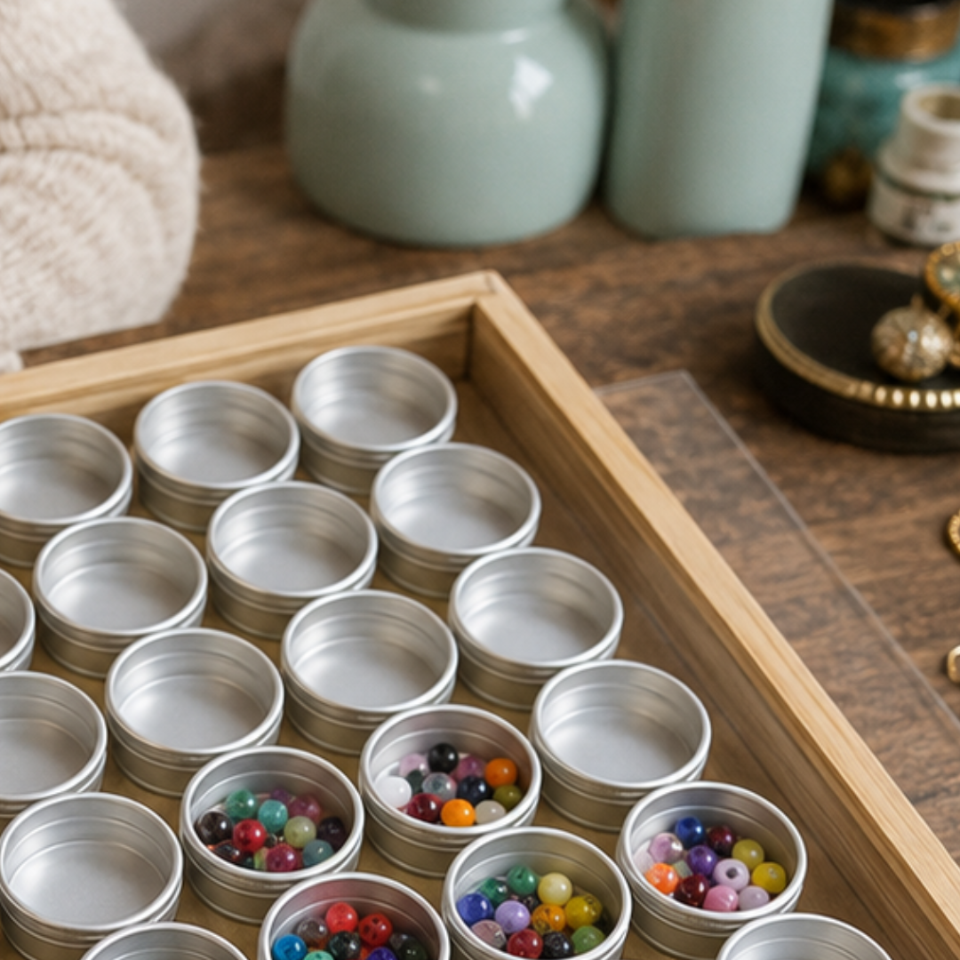 30-Piece Aluminum Gem Jar Display Case Set, 1-5/16 Inch Round Containers with Clear Lids and Wooden Storage Tray for Beads, Stones, Jewelry Parts and Small Items