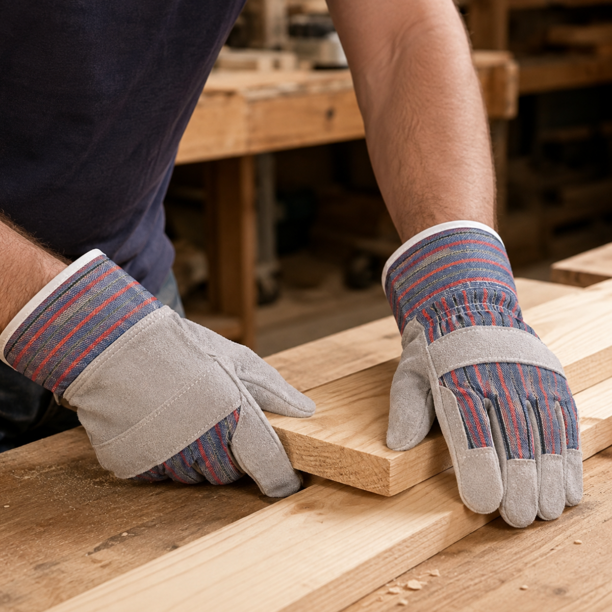 Men's Suede Leather Work Gloves, 10 Inch Gauntlet Cuff, Reinforced Palm & Fingertips, Extra Large, Gray/Blue/Red - 12 Pairs - GL-45021-Z12