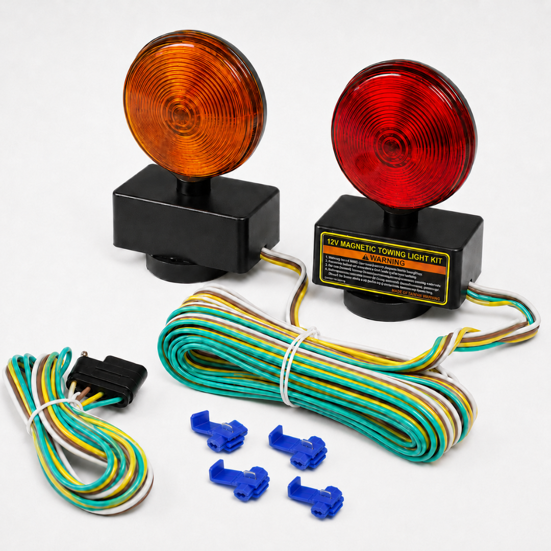 Road Genie DOT-Approved Magnetic Tow Lights – Red & Amber Double-Sided Towing Warning Light Set with 20-Foot Wiring Harness and 4-Pin Connector