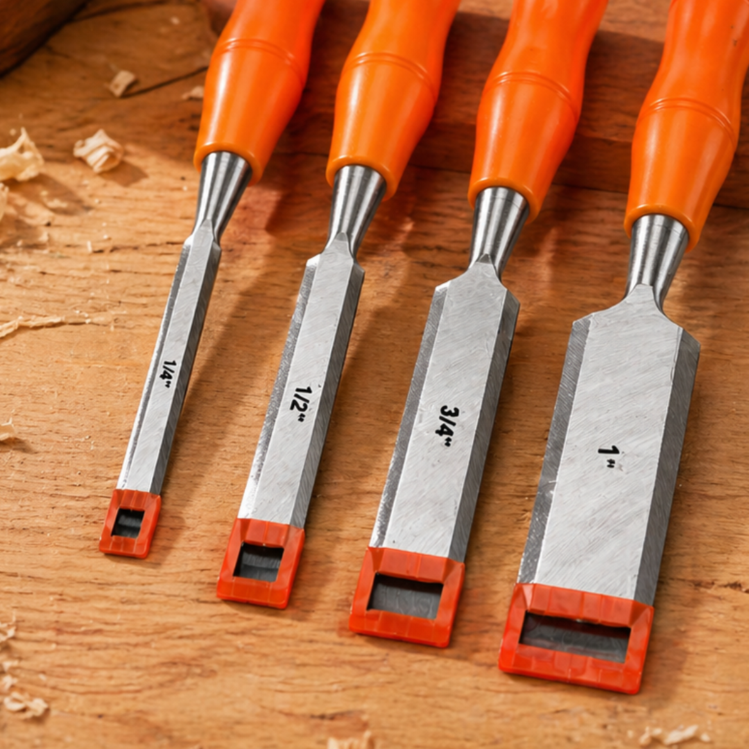 4 Pc Wood Chisel Set – 1/4", 1/2", 3/4", 1" Cr-V Steel Woodworking Chisels with Comfort Grip Handles & Blade Guards – Carpentry, DIY & Professional Use