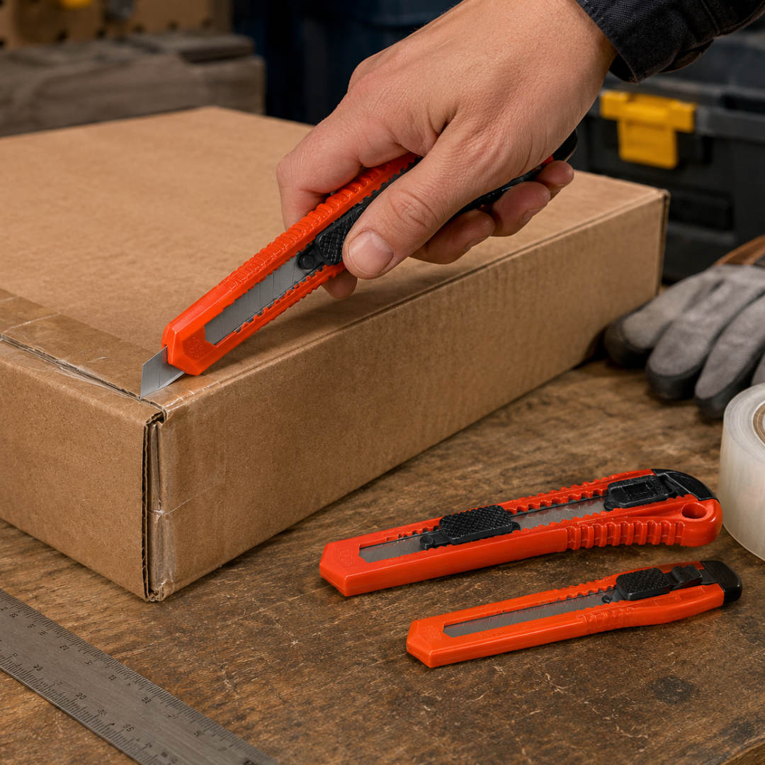3 Piece Utility Knife Set, Snap-Off Steel Blade Box Cutters in 3 Sizes, Retractable Plastic Handle Cutters for Cardboard, Vinyl, Carpet & Paper – CR-49000