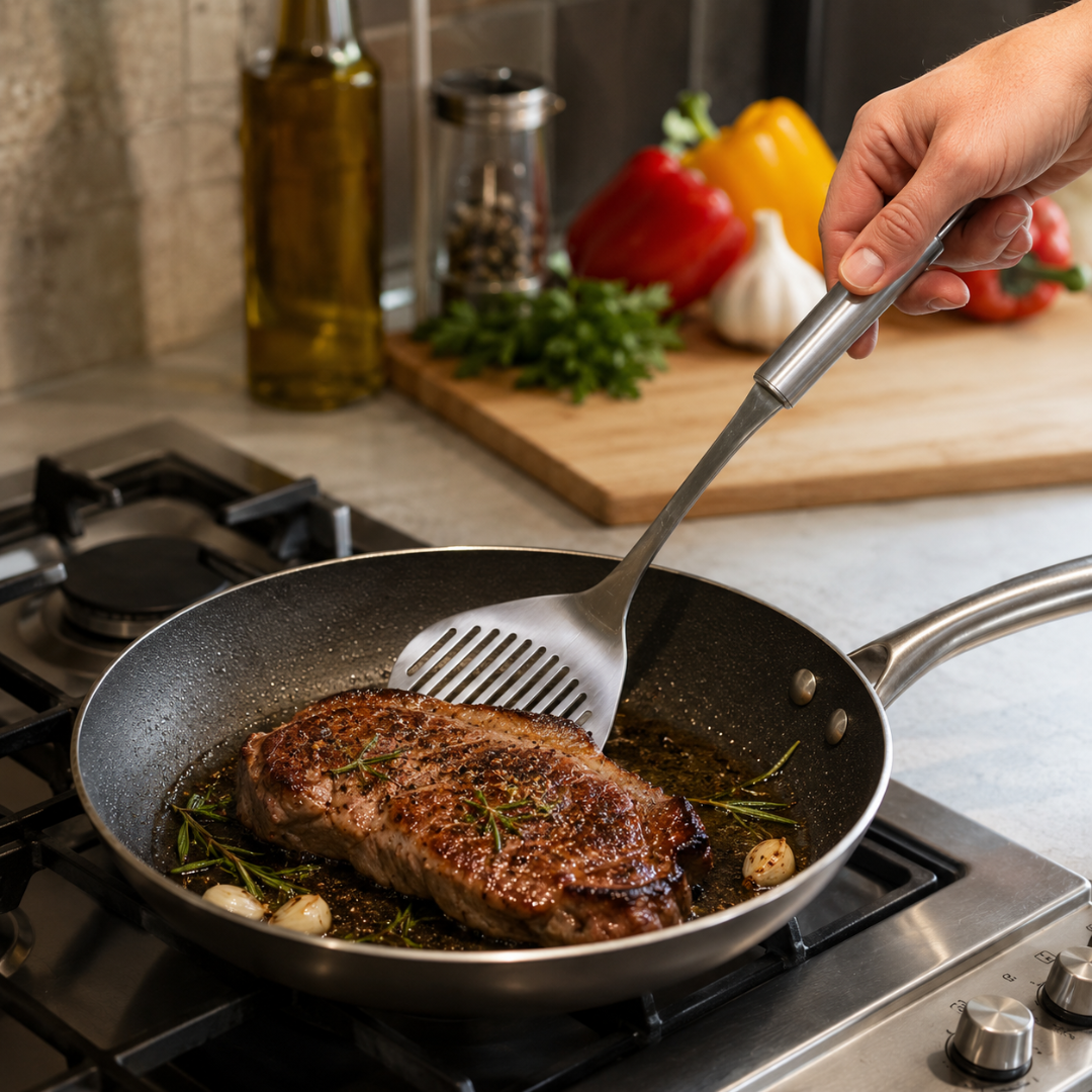 Stainless Steel Slotted Turner Spatula with Extra Long Handle, 14.5 Inch Kitchen Turner for Grilling, Frying & Large Pots, Heavy Duty Metal Cooking Utensil with Hanging Loop