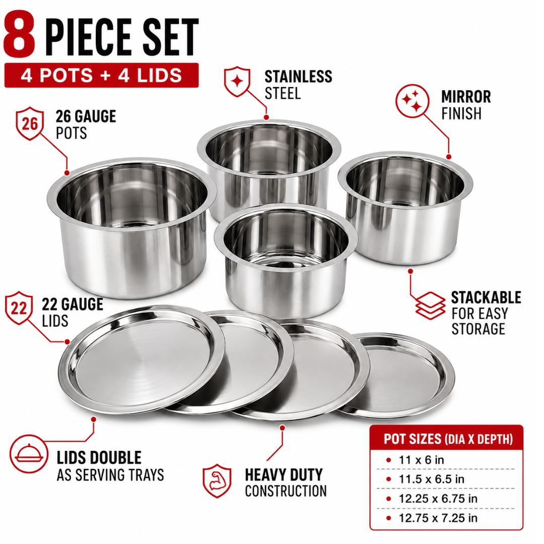 8 Piece Stainless Steel Cooking Pot Set with Lids, 4 Heavy Duty 26 Gauge Pots & 4 Mirror Finish 22 Gauge Lids, Stackable Cookware & Serving Trays, UCT-FT4-1922