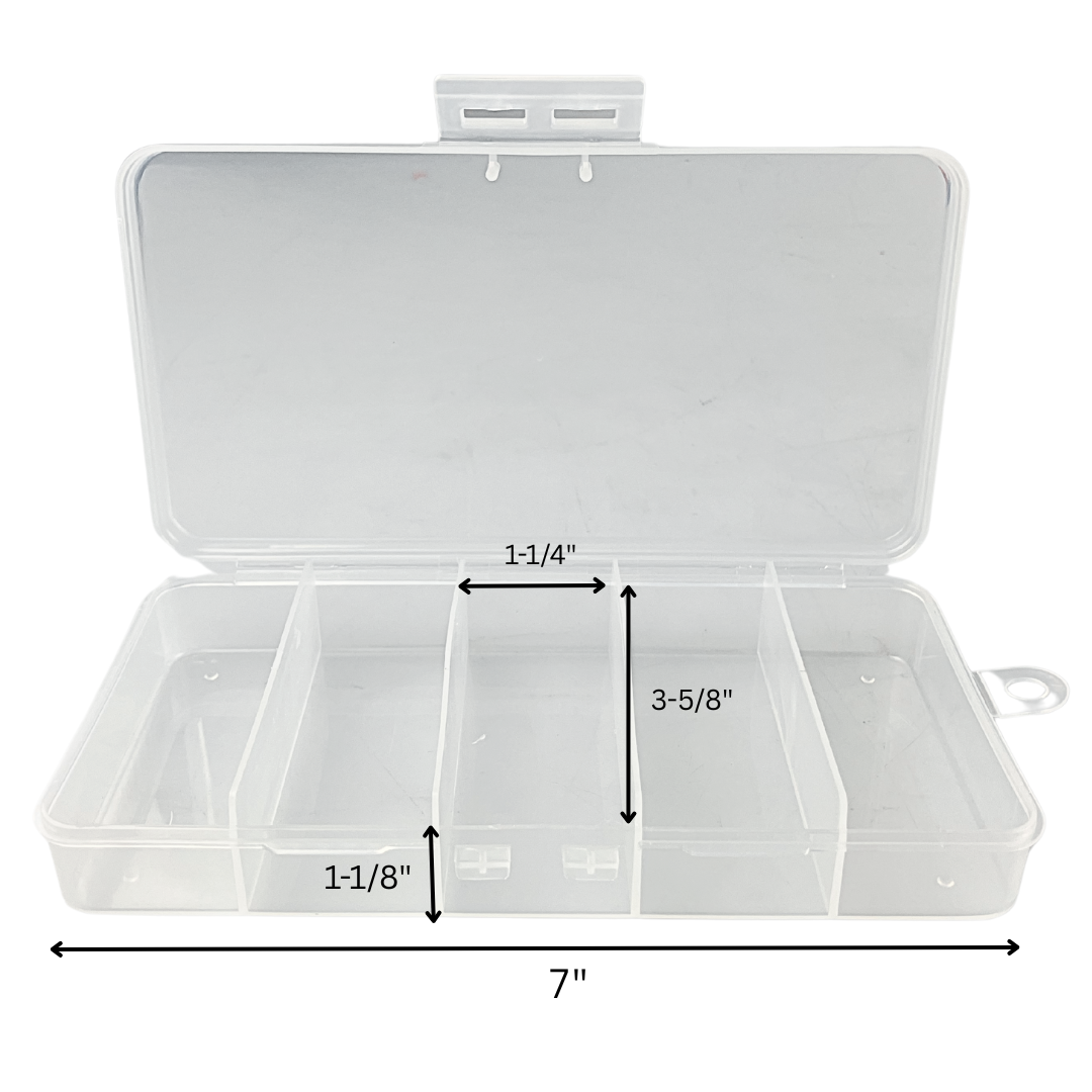 2 Pack Clear Plastic Boxes | 5 Compartments Each | 1.25" x 3.5" Sections | 3.5" x 7" Overall Size | Versatile Home Organizer with Hanging Hook