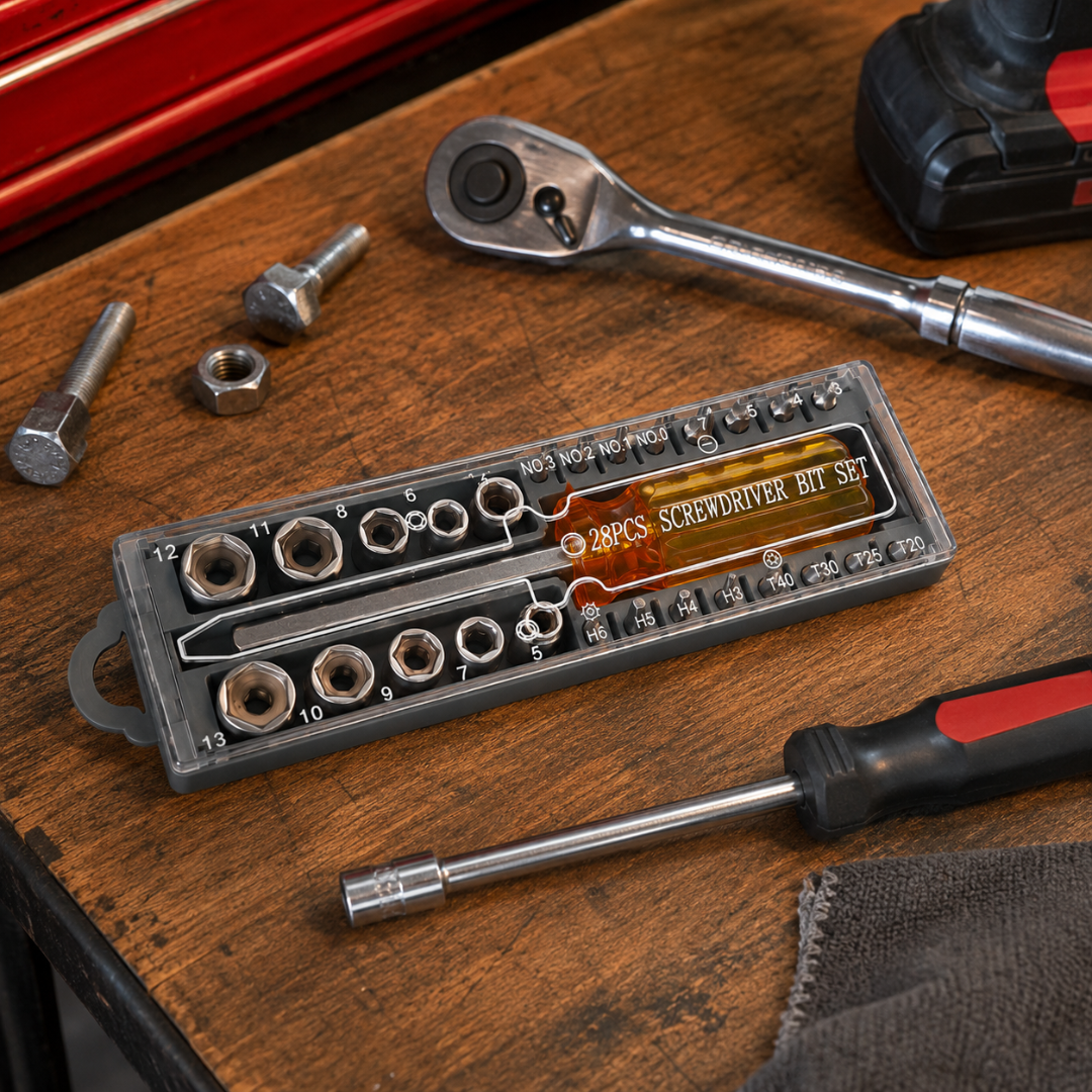 29 Piece Screwdriver Bit Set with 6.5" Torque Grip Handle, Hex Sockets, Phillips, Slotted, Torx Star & Hex Bits in Storage Case – Multi-Bit Driver Tool Kit