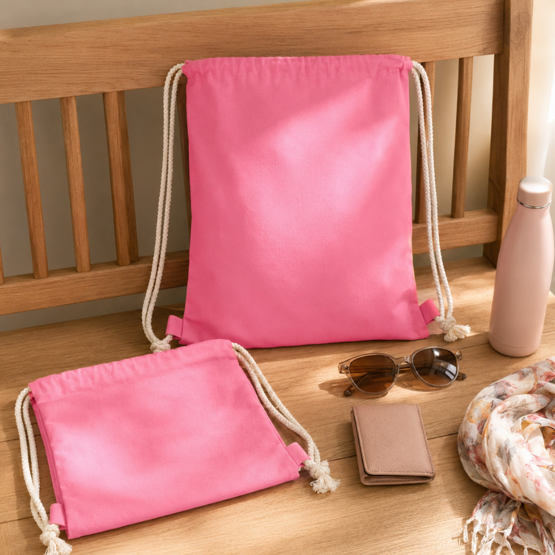 2-Pack Pink Cotton Casual Backpacks with White Rope Shoulder Straps and Hidden Interior Pocket, Lightweight 12 x 15 Inch Bags for Shopping and Everyday Use