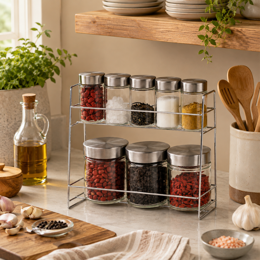 9-Piece Glass Canister Set with Stainless Steel Screw-On Lids & 2-Tier Display Rack – 8 Clear Food Storage Jars for Spices, Coffee, Sugar, Tea & Snacks – LKCO-69056