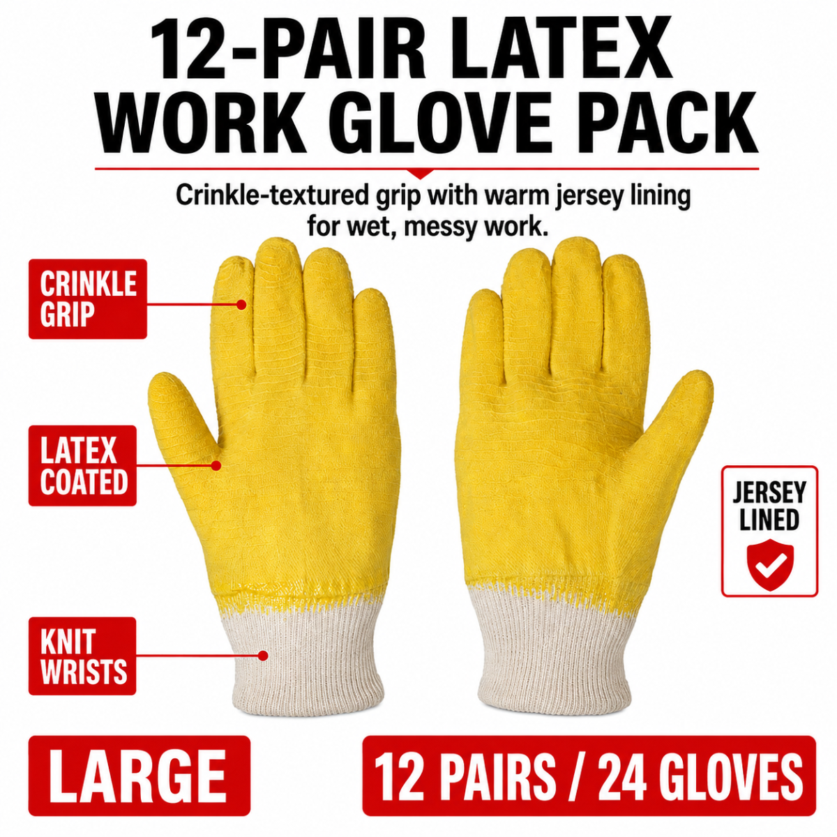 Crinkle Finish Latex Coated Work Gloves with Jersey Lining & Knit Wrist - Large (Pack of 12) - GL-19700-Z12