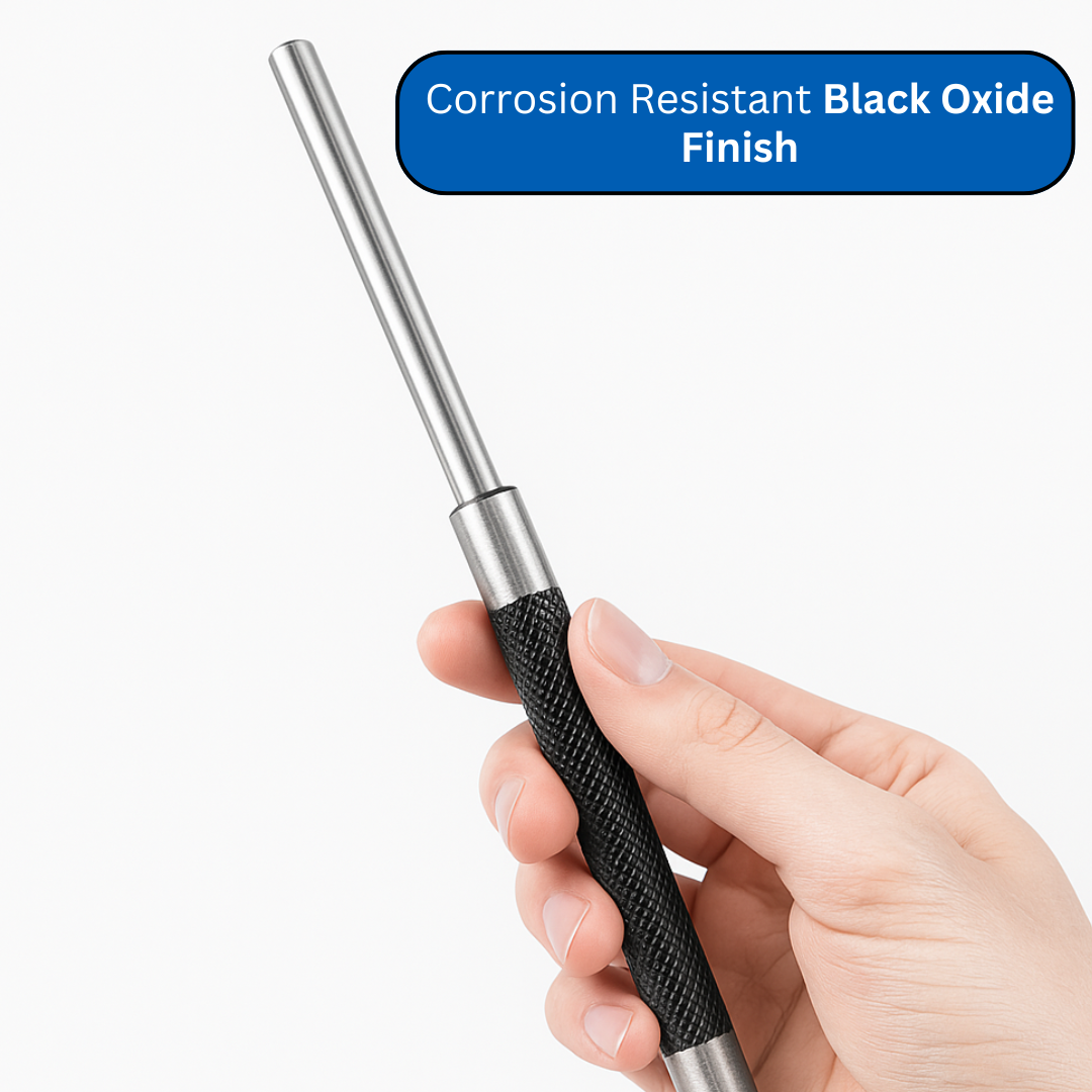5-Piece Long Drive Pin Punch Set – 8" Carbon Steel Punches (1/8" to 3/8") with Knurled Grip & Black Oxide Finish